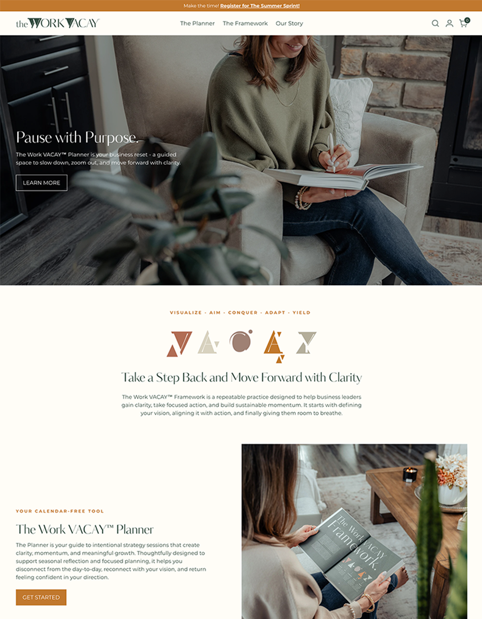 Woman sitting on a couch with a planner, promotional image for 'The Work VACAY' brand.